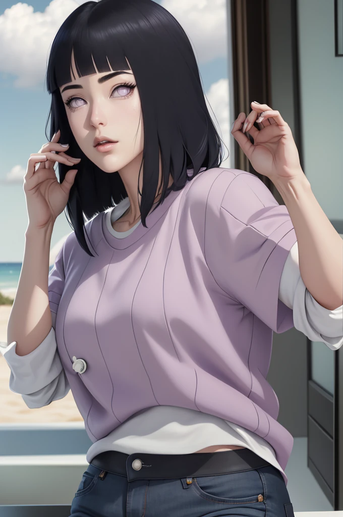 { - anatomy error} (Masterpiece - Ultra-detailed, very high resolution) , absurdos, Hinata\(Boruto\), 1girl, sozinho,Mature female, Capuz roxo,mangas em camadas, jeans, ao ar livre, Cloudy sky, perfect composition, circunstanciado lips, peito grande, beautiful face, body propotion, corar, (pink lips), cabelos pretos curto (black hair), lilac eyes, olhar suave, super realistic, circunstanciado, rosto e corpo realistas, Realistic hair, olhos realistas, nariz realista, realistic lips,  anime, reading, writing, dynamic poses, closed mouth. Different Pose.