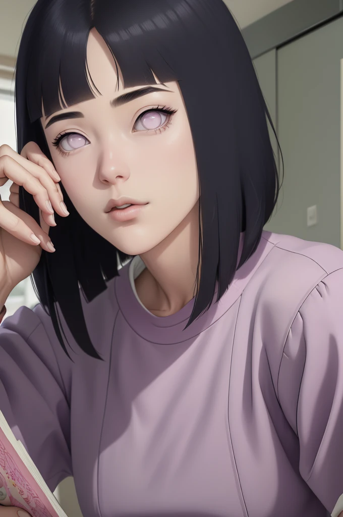 { - anatomy error} (Masterpiece - Ultra-detailed, very high resolution) , absurdos, Hinata\(Boruto\), 1girl, sozinho,Mature female, Capuz roxo,mangas em camadas, jeans, ao ar livre, Cloudy sky, perfect composition, circunstanciado lips, peito grande, beautiful face, body propotion, corar, (pink lips), cabelos pretos curto (black hair), lilac eyes, olhar suave, super realistic, circunstanciado, rosto e corpo realistas, Realistic hair, olhos realistas, nariz realista, realistic lips, anime, reading, writing, dynamic poses, closed mouth. Different Pose.