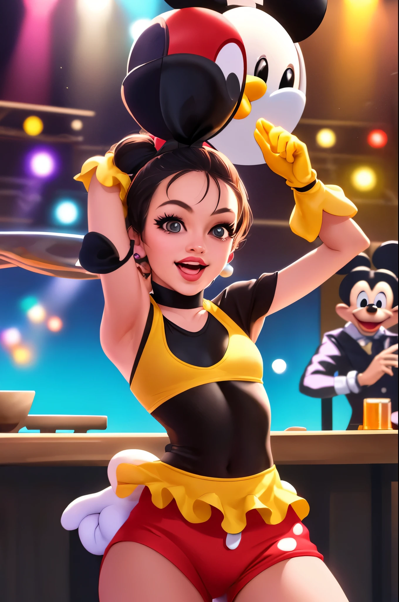 (highres,ultra-detailed,realistic:1.37),mickey mouse(captivating detailed eyes, enchanting detailed lips, extremely detailed face), steamboat willy(playing the saxophone), is in a vibrant and colorful toon show bar, (best quality, sharp focus, vivid colors). The bar is filled with animated disney characters, all cheering and clapping for Mickey Mouse as he confidently dances and does a playful strip tease on the stage. The bar is filled with laughter and joy as everyone enjoys the lively performance. The stage is beautifully lit, with colorful spotlights highlighting Mickey's every move. The surroundings are decorated with cartoon posters and vintage microphones, giving the bar a nostalgic and joyful atmosphere. The crowd includes various disney characters, such as Goofy, Donald Duck, and Minnie Mouse, all engrossed in the electrifying performance. The music is lively and upbeat, and the energetic dance moves of Mickey Mouse mesmerize the audience. The bar is filled with energy, and the atmosphere is electric as everyone joins in, clapping, whistling, and dancing along with Mickey Mouse. The joyous ambiance and the spirited performance of Mickey Mouse fill the air with infectious happiness, making it a memorable and enchanting evening in the world of Disney.