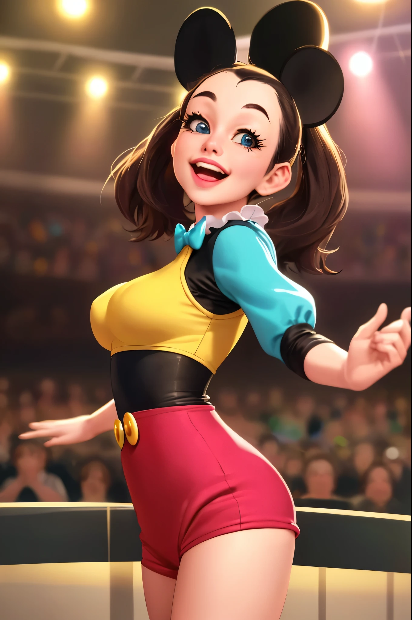 (highres,ultra-detailed,realistic:1.37),mickey mouse(captivating detailed eyes, enchanting detailed lips, extremely detailed face), steamboat willy(playing the saxophone), is in a vibrant and colorful toon show bar, (best quality, sharp focus, vivid colors). The bar is filled with animated disney characters, all cheering and clapping for Mickey Mouse as he confidently dances and does a playful strip tease on the stage. The bar is filled with laughter and joy as everyone enjoys the lively performance. The stage is beautifully lit, with colorful spotlights highlighting Mickey's every move. The surroundings are decorated with cartoon posters and vintage microphones, giving the bar a nostalgic and joyful atmosphere. The crowd includes various disney characters, such as Goofy, Donald Duck, and Minnie Mouse, all engrossed in the electrifying performance. The music is lively and upbeat, and the energetic dance moves of Mickey Mouse mesmerize the audience. The bar is filled with energy, and the atmosphere is electric as everyone joins in, clapping, whistling, and dancing along with Mickey Mouse. The joyous ambiance and the spirited performance of Mickey Mouse fill the air with infectious happiness, making it a memorable and enchanting evening in the world of Disney.
