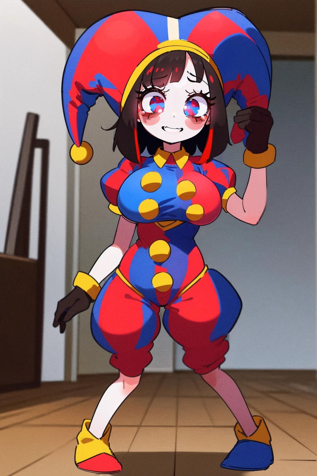 1girl, solo, indoors, full body, standing, smile, pomni, multicolored clothes, jester cap, puffy short sleeves, gloves, buttons, colored skin, symbol-shaped pupils, red eyes, blue eyes, huge breast, curvy, large pants, flipflops