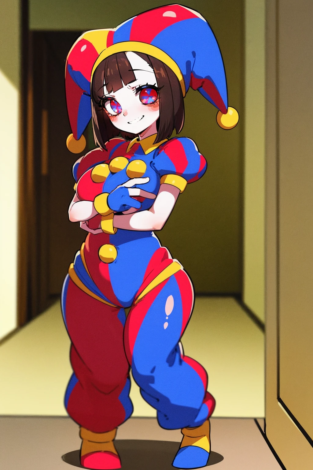 1girl, solo, indoors, full body, standing, smile, pomni, multicolored clothes, jester cap, puffy short sleeves, gloves, buttons, colored skin, symbol-shaped pupils, red eyes, blue eyes, huge breast, curvy, large pants, flipflops