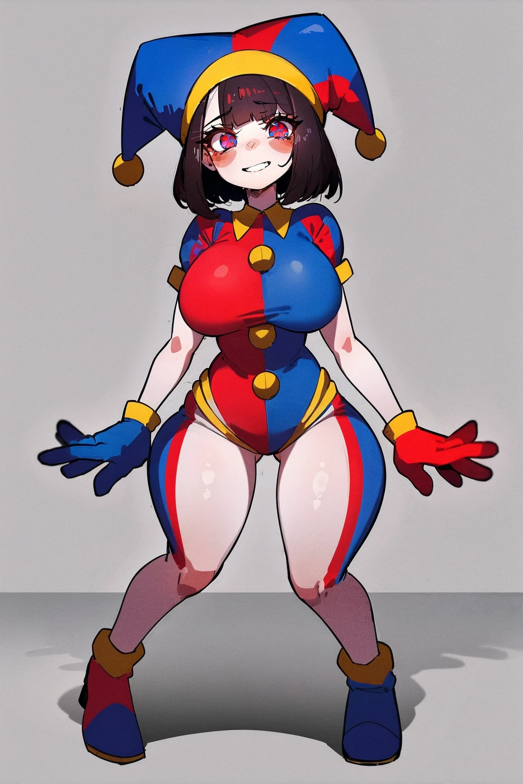 1girl, solo, indoors, full body, standing, smile, pomni, multicolored clothes, jester cap, puffy short sleeves, gloves, buttons, colored skin, symbol-shaped pupils, red eyes, blue eyes, huge breast, curvy, large pants, flipflops