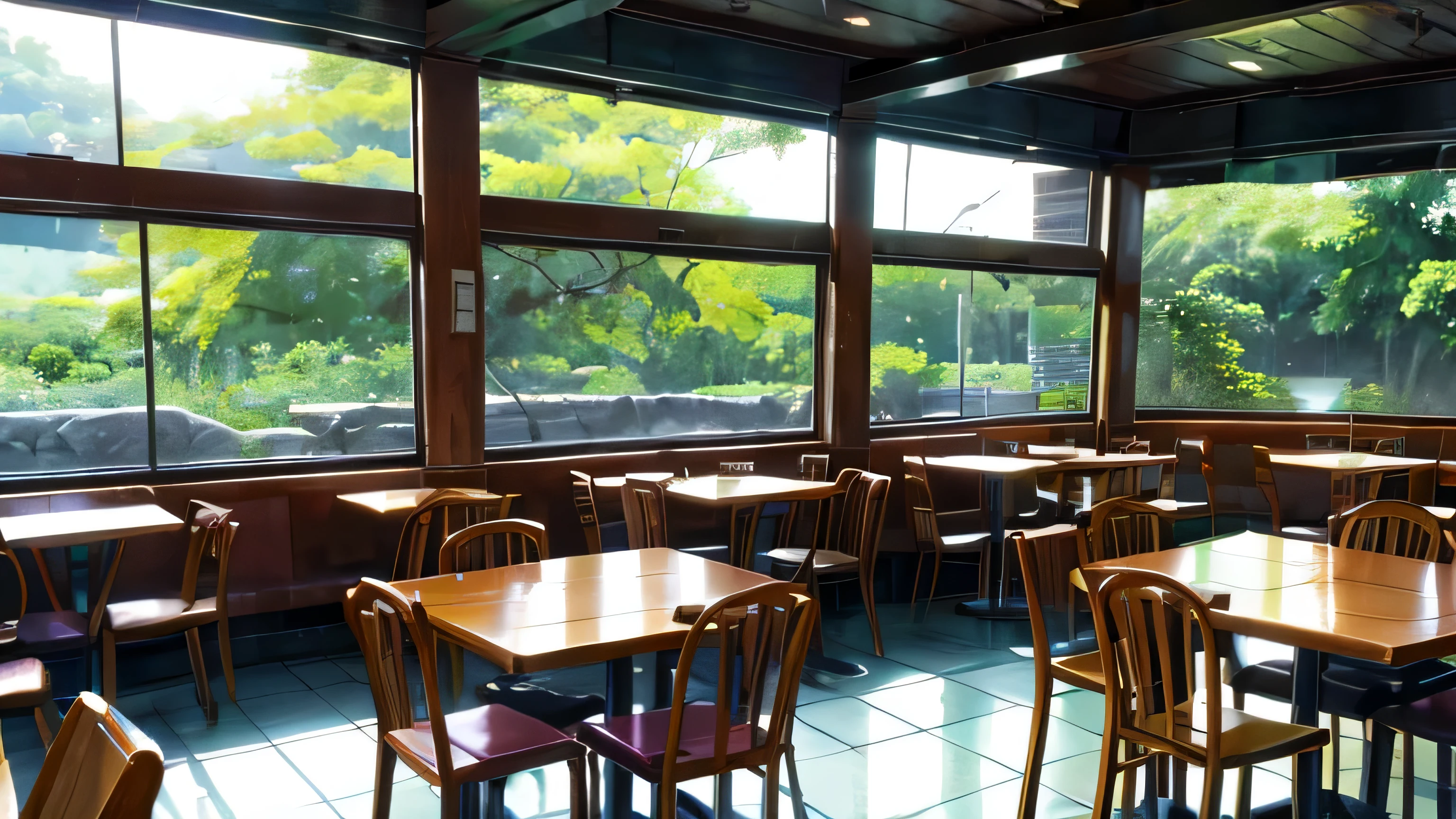 cafeteria ao ar livre no meio de uma floresta,com vazos de plantas nas masas, imagem superdetalhada --(melhor qualidade:), (ultra high resolution:), , 8k resolution