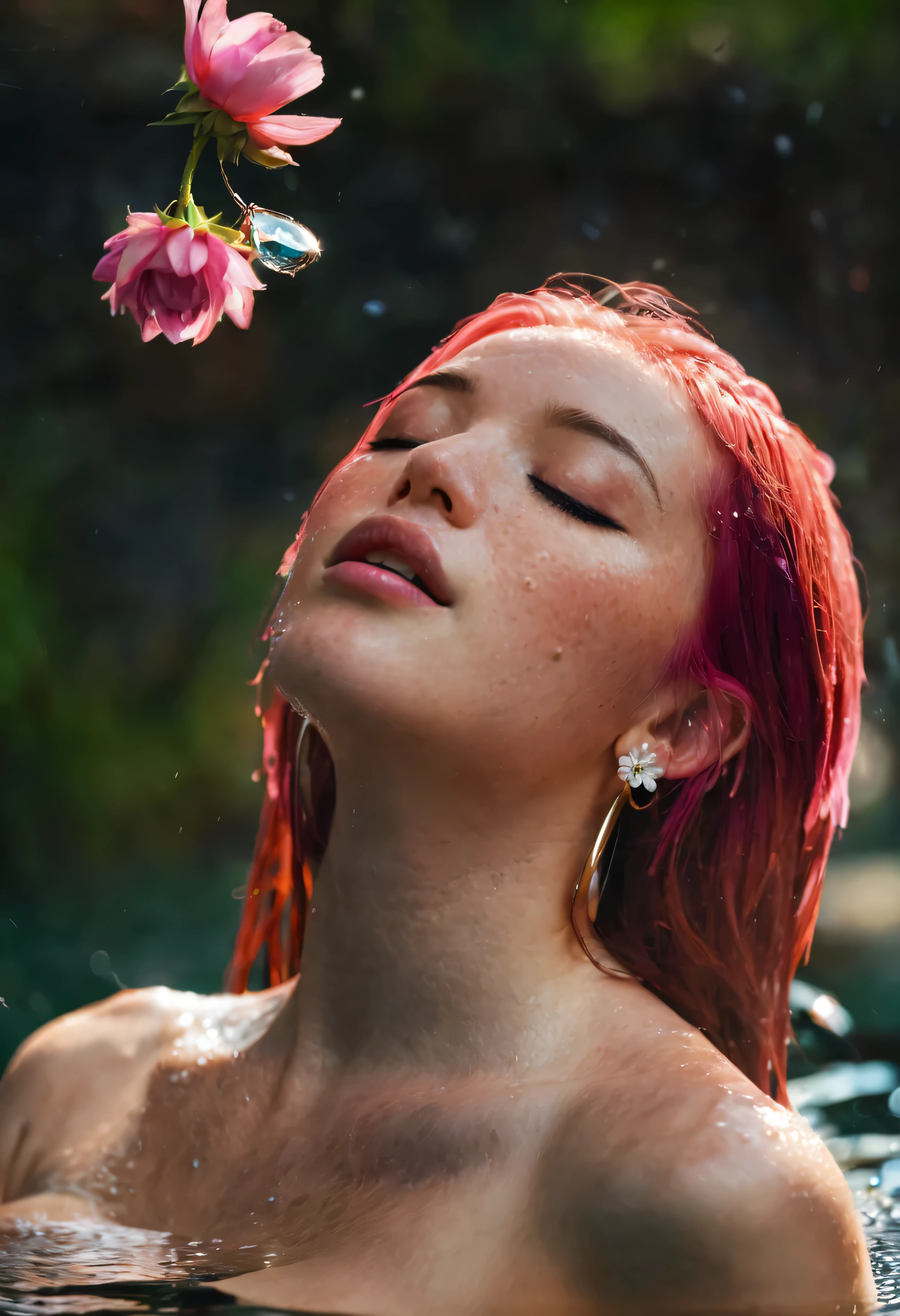 MsPuiYi, 1girl, solo, long hair, breasts, holding, jewelry, closed eyes, pink hair, flower, nude, earrings, water, blurry, lips, wet, blurry background, partially submerged, freckles, realistic, holding flower, bathing