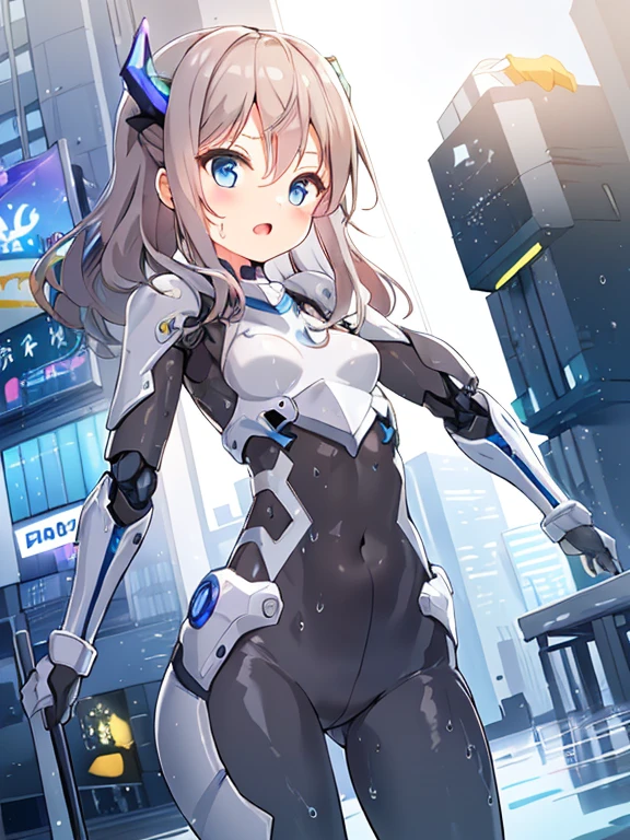 ((masterpiece:1.4、highest quality))+、(super detailed)+、
1 girl、cyberpunk city、flat chest、wavy hair、mecha clothes、(robot girl)、Cool move、Silver Bodysuit、colorful background、Wet day、(lightning effect)、Silver Dragon Armor、(cold face)、cowboy shot、pretty girl