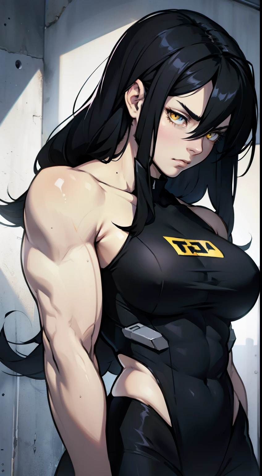 sad pale muscular girl massive breasts hair black hair yellow eyes extremely long hair sad