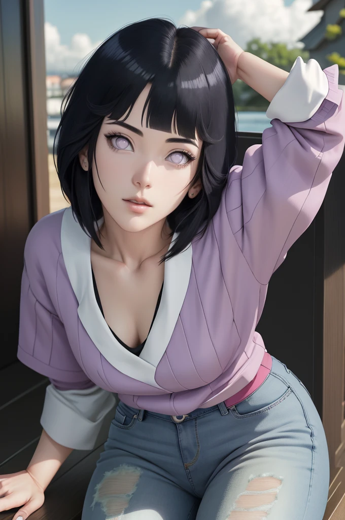 { - anatomy error} (Masterpiece - Ultra-detailed, very high resolution) , absurdos, Hinata\(Boruto\), 1girl, sozinho,Mature female, Capuz roxo,mangas em camadas, jeans, ao ar livre, Cloudy sky, perfect composition, circunstanciado lips, peito grande, beautiful face, body propotion, corar, (pink lips), cabelos pretos curto (black hair), lilac eyes, olhar suave, super realistic, circunstanciado, rosto e corpo realistas, Realistic hair, olhos realistas, nariz realista, realistic lips,  anime, reading, writing, dynamic poses, closed mouth. Different Pose.