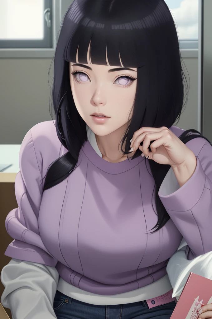 { - anatomy error} (Masterpiece - Ultra-detailed, very high resolution) , absurdos, Hinata\(Boruto\), 1girl, sozinho,Mature female, Capuz roxo,mangas em camadas, jeans, ao ar livre, Cloudy sky, perfect composition, circunstanciado lips, peito grande, beautiful face, body propotion, corar, (pink lips), cabelos pretos curto (black hair), lilac eyes, olhar suave, super realistic, circunstanciado, rosto e corpo realistas, Realistic hair, olhos realistas, nariz realista, realistic lips,  anime, reading, writing, dynamic poses, closed mouth. Different Pose.