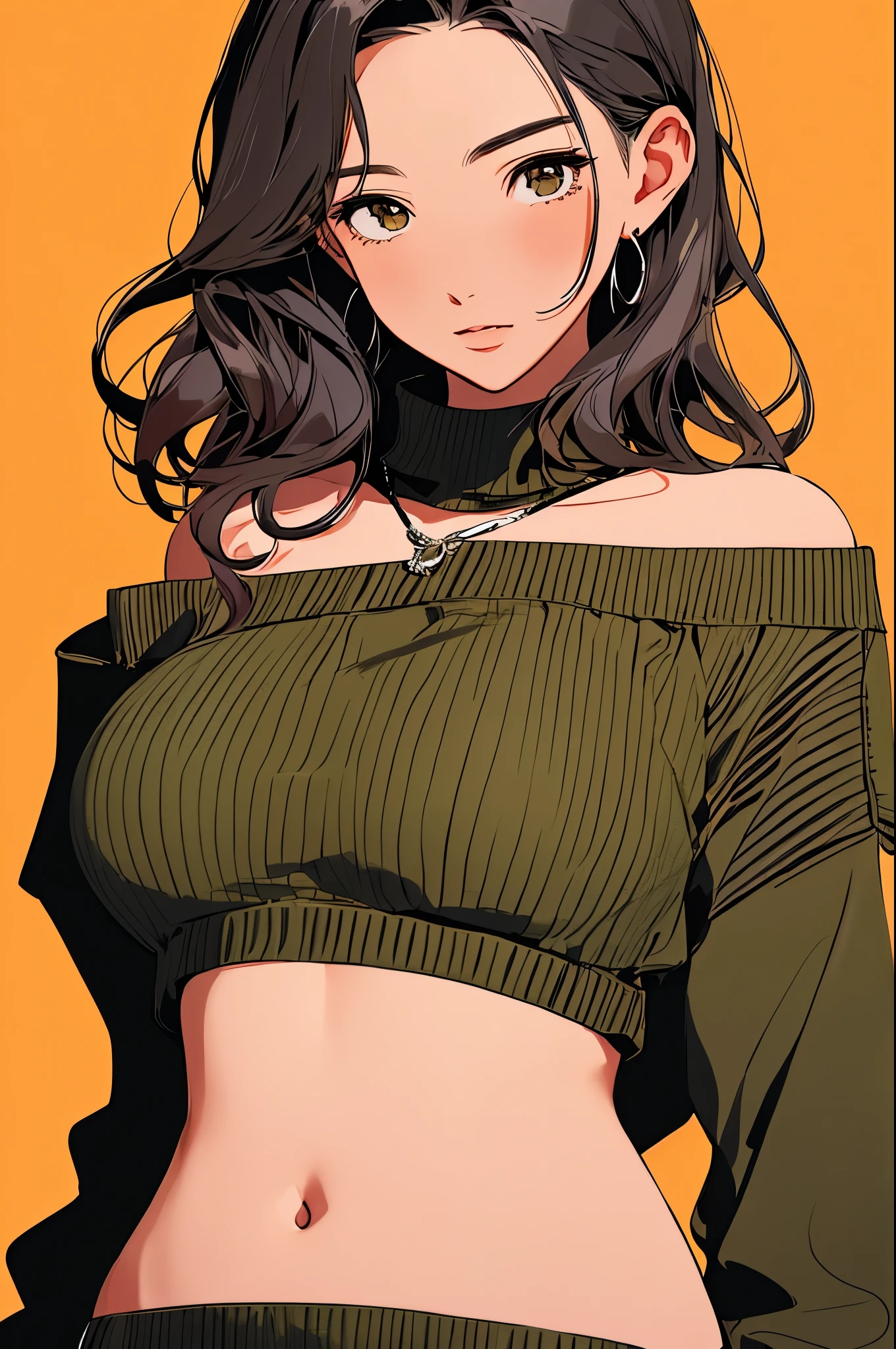 woman, cropped-fc,  huge breasts,, btpt-fc, cropped sweater, midriff, sweater, 1girl, detailed face, hanging laterns, illustrated