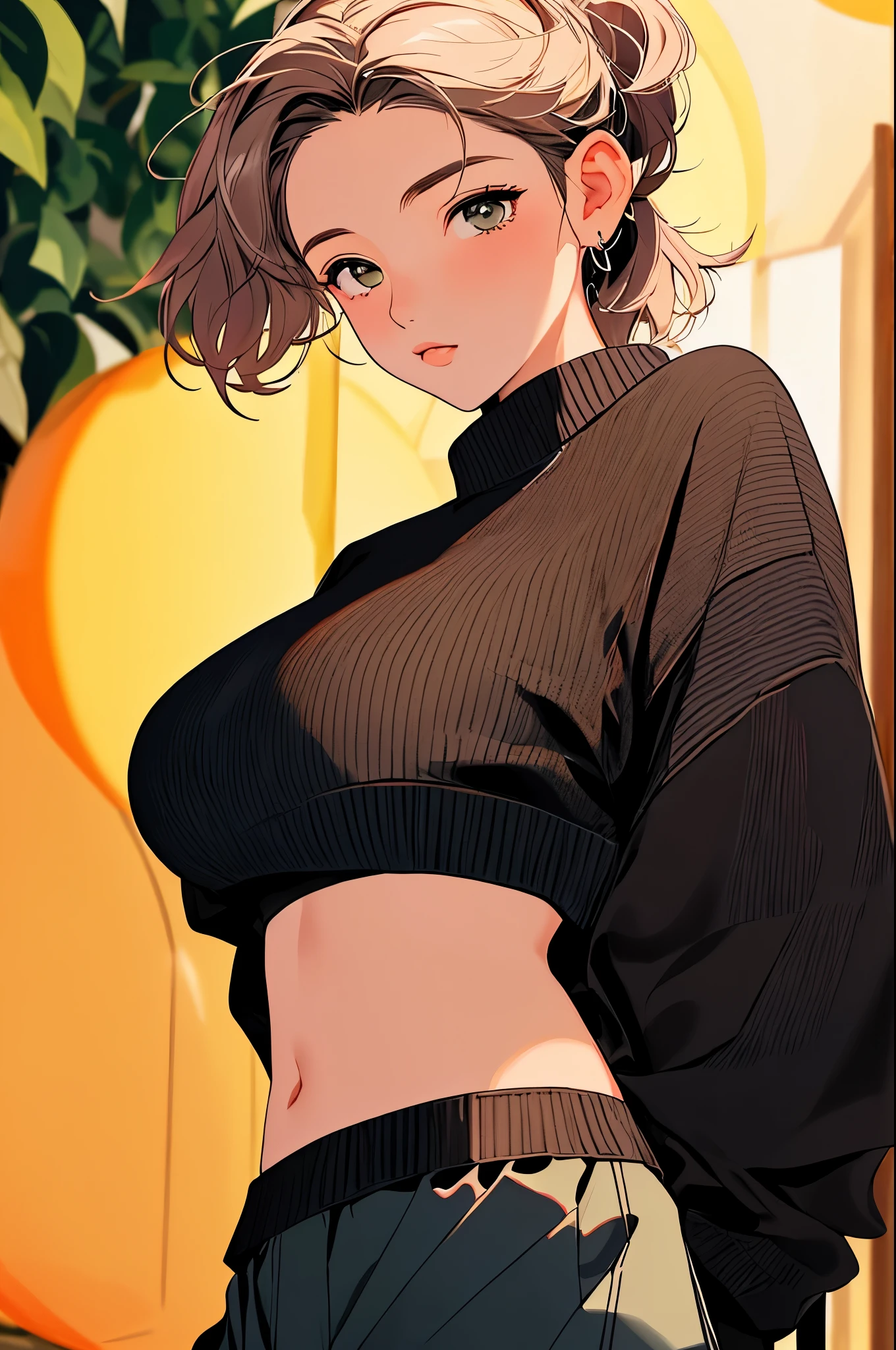 woman, cropped-fc, huge breasts,, btpt-fc, cropped sweater, midriff, sweater, 1girl, detailed face, hanging laterns, illustrated