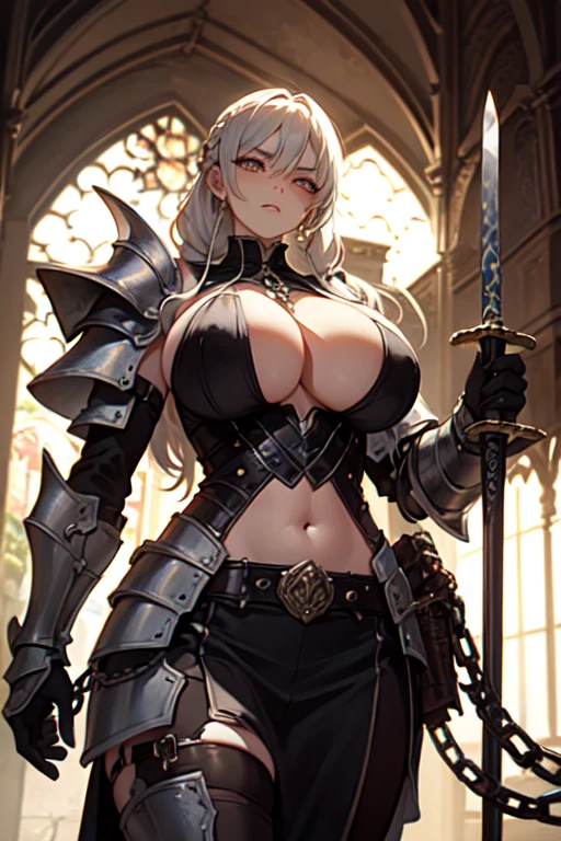 Striped hair, french braid, mismatched pupils, Chiaroscuro, illuminating, Gothic art, Best quality, Anatomically correct, High details,cavalier,holy paladin,Leather bandages,Metal chains, big tit,(Armor),Heavy armor,Gorgeous armor, exposed belly, sword