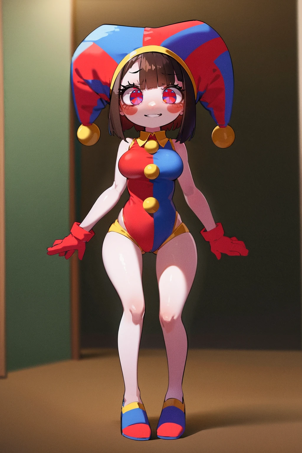 Dark brown hair anime girl, naked, wearing jester hat, medium breasts, sitting on the floor, NSFW, 2d art, high quality fanart, jester themed, cutecore clowncore, clown girl