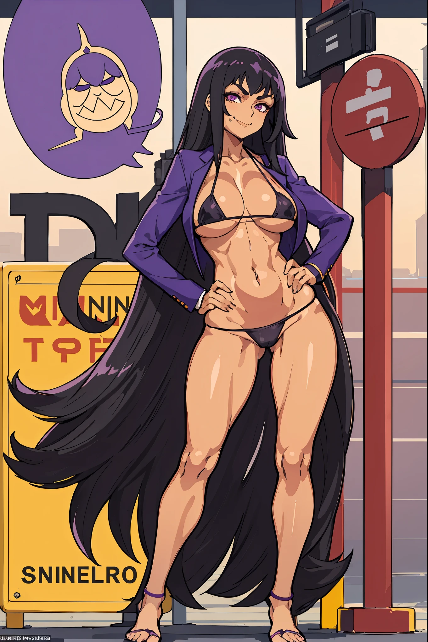 1 woman, tan , Long straight black hair, conjunctivitis, Purple bikini , sly face., villain , smile ,big breasts, full body, stand on your hips, Stand up straight...., bus waiting sign