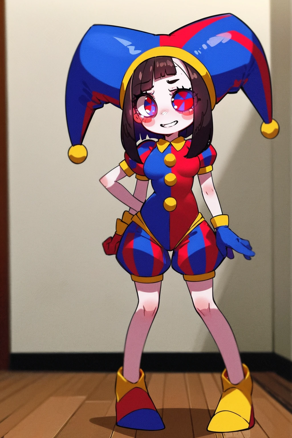 1girl, solo, indoors, full body, standing, smile, pomni, multicolored clothes, jester cap, puffy short sleeves, gloves, buttons, colored skin, symbol-shaped pupils, red eyes, blue eyes, huge breast, curvy, large pants, flipflops