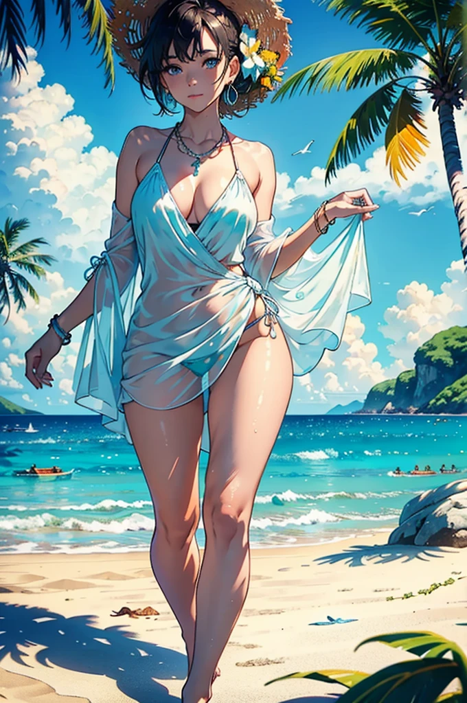 (best quality,4k,highres,masterpiece:1.2),ultra-detailed,realistic,tropical style,lush vegetation,beautiful seashells,soft sandy shore,gentle ocean waves,joyful expression,sparkling blue eyes,endless horizon,warm sunlight,relaxing atmosphere,salty sea breeze,slender figure,confident stride,swaying palm trees,delicate necklace,dangling earrings,beach towel draped over her shoulder,serene background noise of seagulls calling,crystal-clear water,melodic sound of waves crashing,perfectly pedicured toes,subtle shimmer on her skin,breezy sundress,playful flirtatiousness,delightful summer vibes,vibrant colors of nature,tropical paradise,artistic water reflections.
