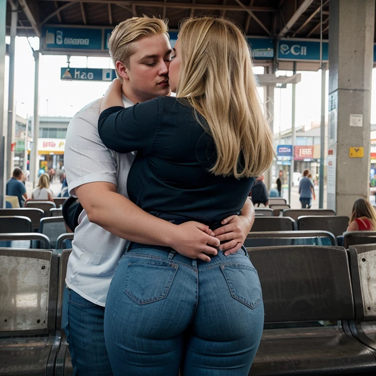 Chubby bbw thic fat blonde woman, blonde hair, wearing blue jeans and black blouse,in the bus station, boyfriend hugging from behind,kissing with boyfriend, couple, romantic, love, view from behind