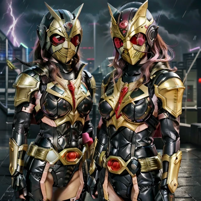 ((2girl/kamen rider Kuuga/helmet with easy mask)), Unreal Engine 5/Mortal Kombat, anime style, full resolution/quality/sharpness/detail viewer, (no hair), breasts1giant, spectator/looking/face/showing off/fighting position/clenched fists, in a futuristic city raining/thundering.
