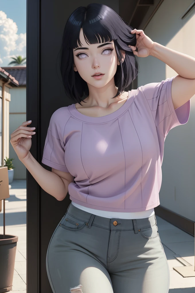 { - anatomy error} (Masterpiece - Ultra-detailed, very high resolution) , absurdos, Hinata\(Boruto\), 1girl, sozinho,Mature female, Capuz roxo,mangas em camadas, jeans, ao ar livre, Cloudy sky, perfect composition, circunstanciado lips, peito grande, beautiful face, body propotion, corar, (pink lips), cabelos pretos curto (black hair), lilac eyes, olhar suave, super realistic, circunstanciado, rosto e corpo realistas, Realistic hair, olhos realistas, nariz realista, realistic lips,  anime, reading, writing, dynamic poses, closed mouth. Different Pose.