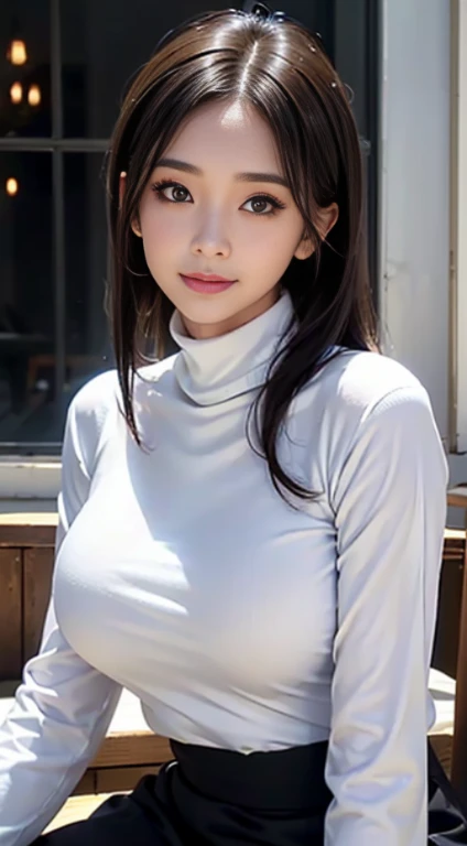 ((Woman sitting in front of café))、28 year old、((in white turtleneck shirt:1.3)). 40k, Photography, masutepiece, Best Quality, dark grey background, ((Mature Women, waifu, Mami, A MILF)), ((voluptuous breasts)), Perfect face, perfect breasts - huge)), ((Gorgeous bright black hair girl with brown eyes)). a Pretty Japanese woman，completely soft chest and white skin,,,,,, ((Very soft breasts)). Ultra-detailed face, Detailed eyes, embarrassed, Smile, Summer, Daytime, (((Slave Collar))),