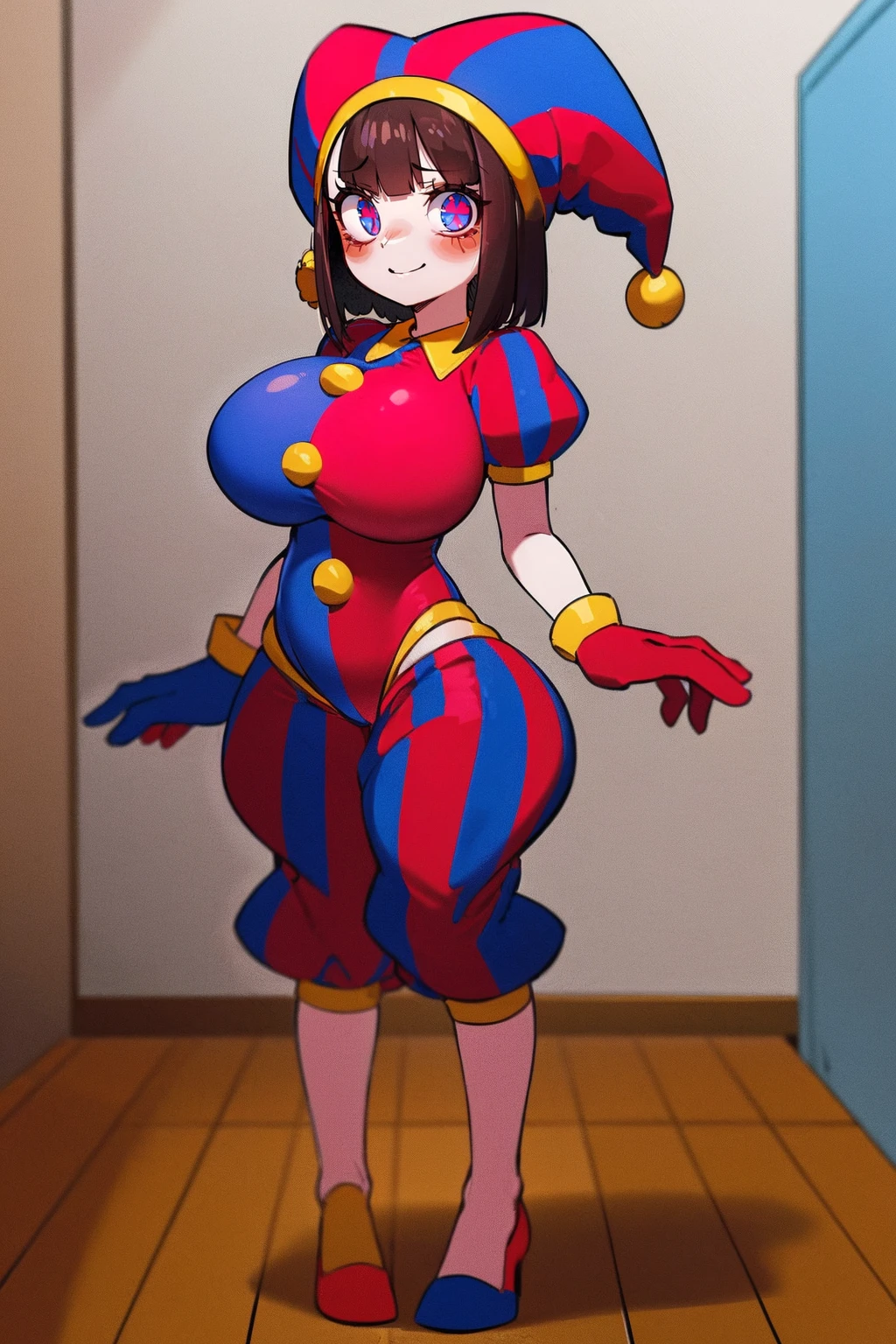 1girl, solo, indoors, full body, standing, smile, pomni, multicolored clothes, jester cap, puffy short sleeves, gloves, buttons, colored skin, symbol-shaped pupils, red eyes, blue eyes, huge breast, curvy, large pants, flipflops