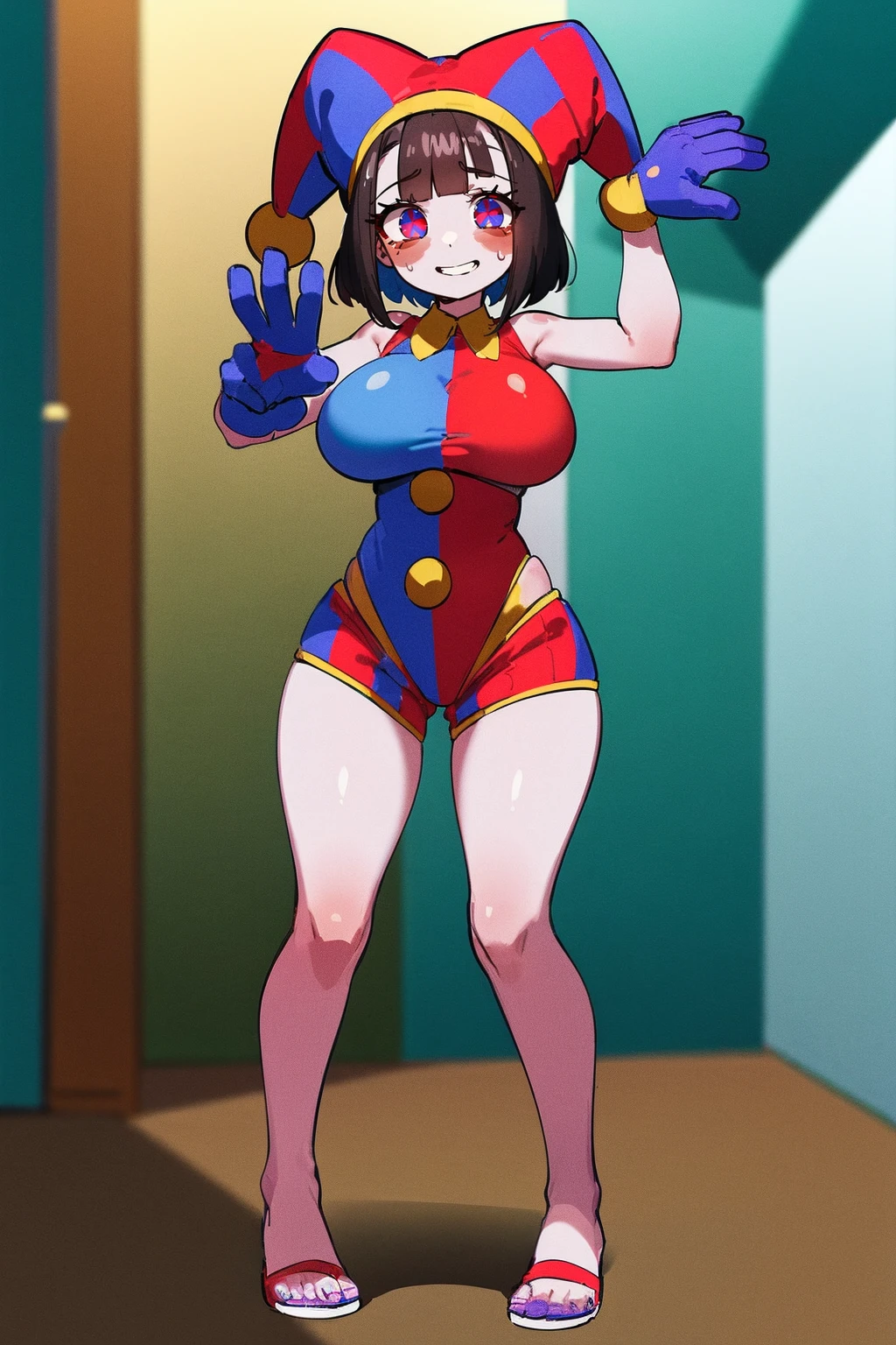 1girl, solo, indoors, full body, standing, smile, pomni, multicolored clothes, jester cap, puffy short sleeves, gloves, buttons, colored skin, symbol-shaped pupils, red eyes, blue eyes, huge breast, curvy, large pants, flipflops