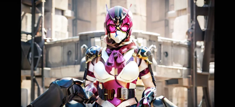 Masterpiece, Highest quality, ultra detailed, ultra realistic, illustration, black leotard, magenta scarf, Mask, helmet, Tokusatsu, belt, Crimson combat uniform, very large breast, Grasshopper mask, Solo, full bodyesbian, comming, woman mask rider, full body appearance