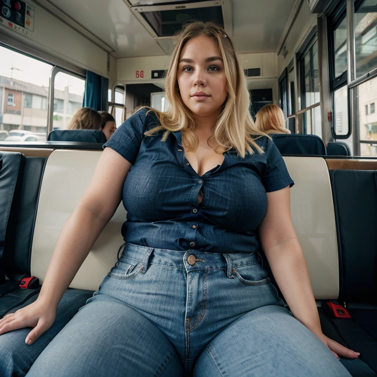 Chubby bbw thic fat blonde woman, blonde hair, wearing blue jeans and black blouse,sitting in the bus, selfie mode picture