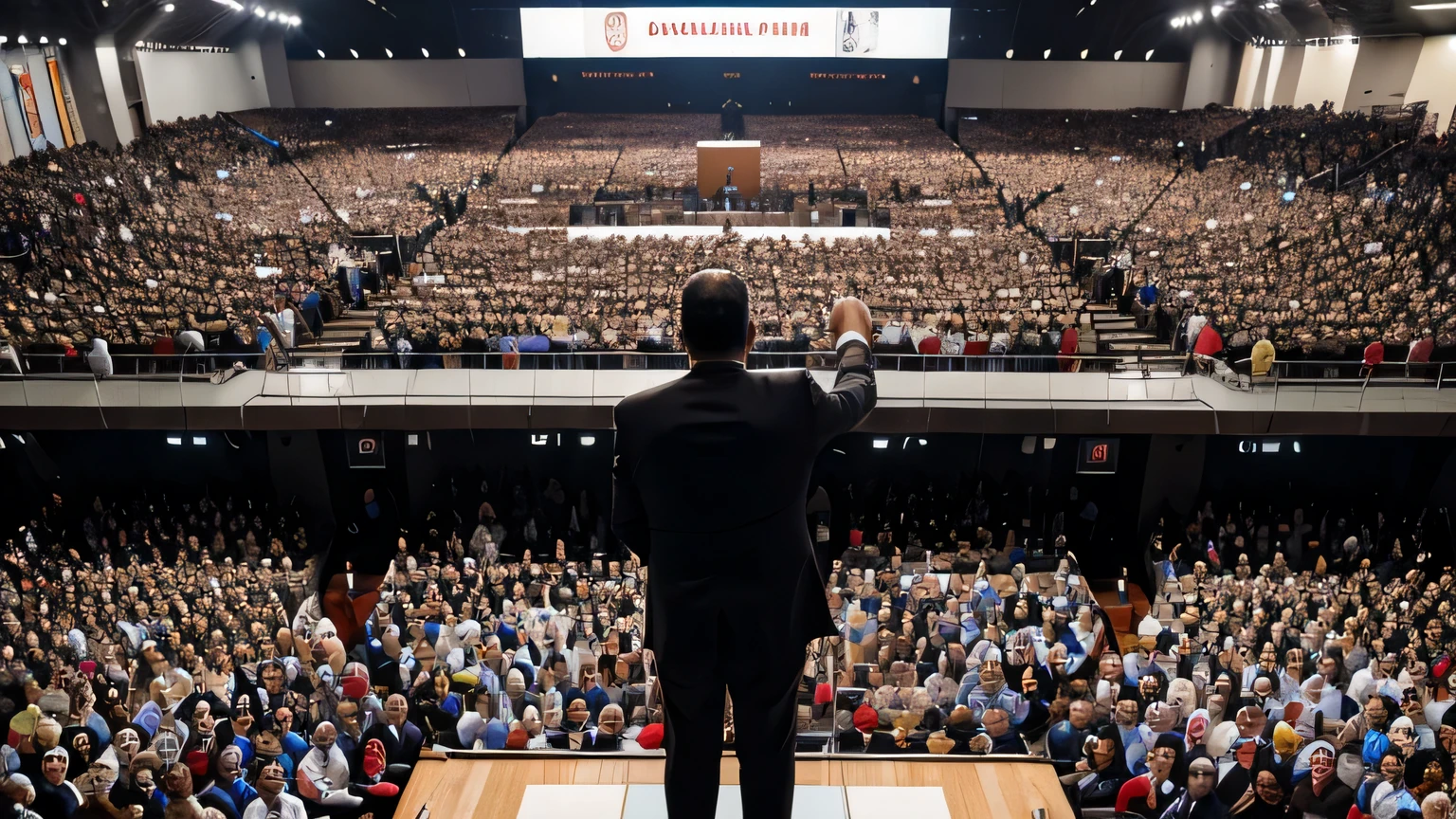 politician giving a speech, crowd, 4k, obra de arte: 1.3, melhor qualidade, virado para a crowd, 8k