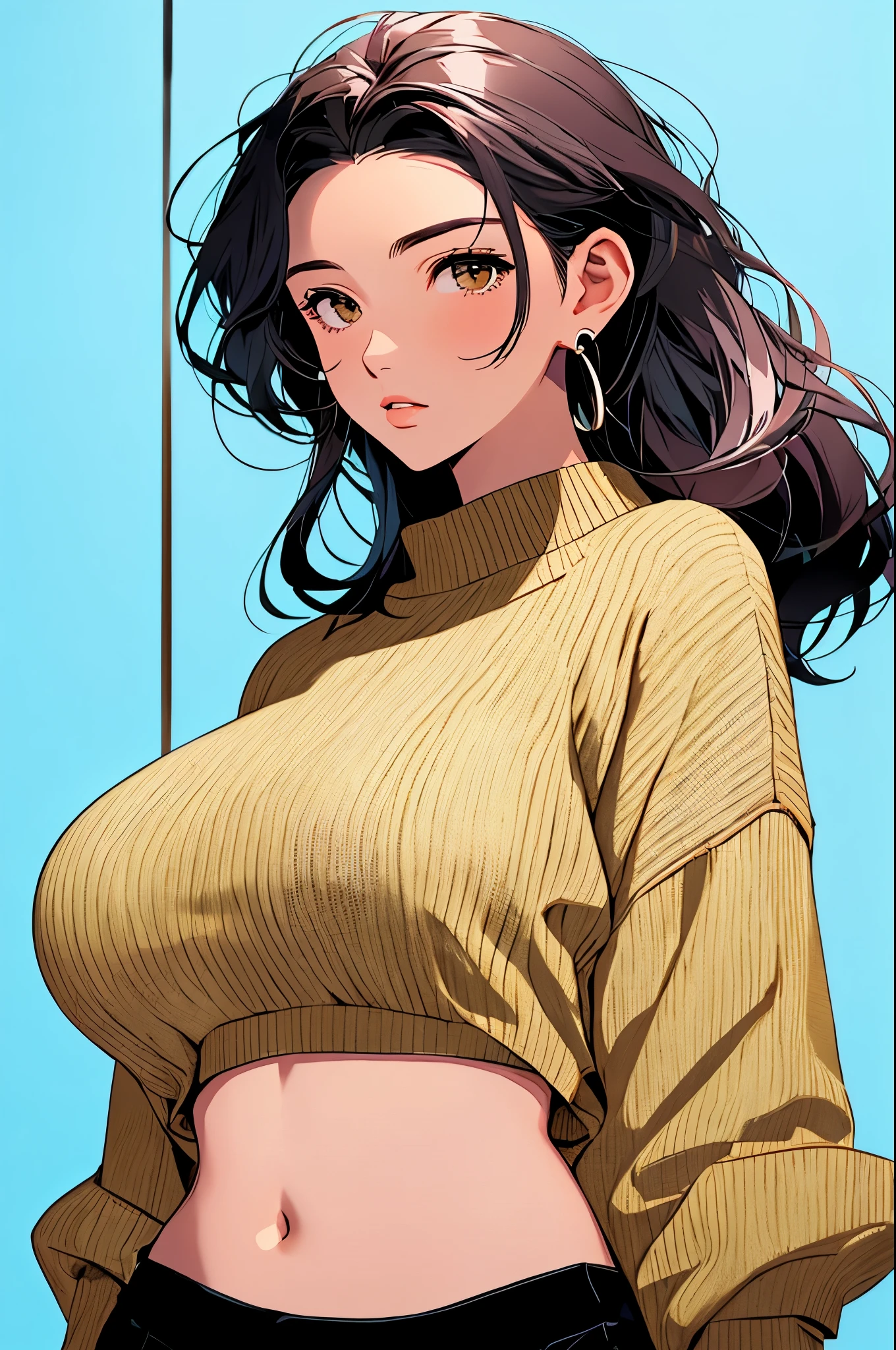 woman, cropped-fc,  huge breasts,, btpt-fc, cropped sweater, midriff, sweater, 1girl, detailed face, hanging laterns, illustrated