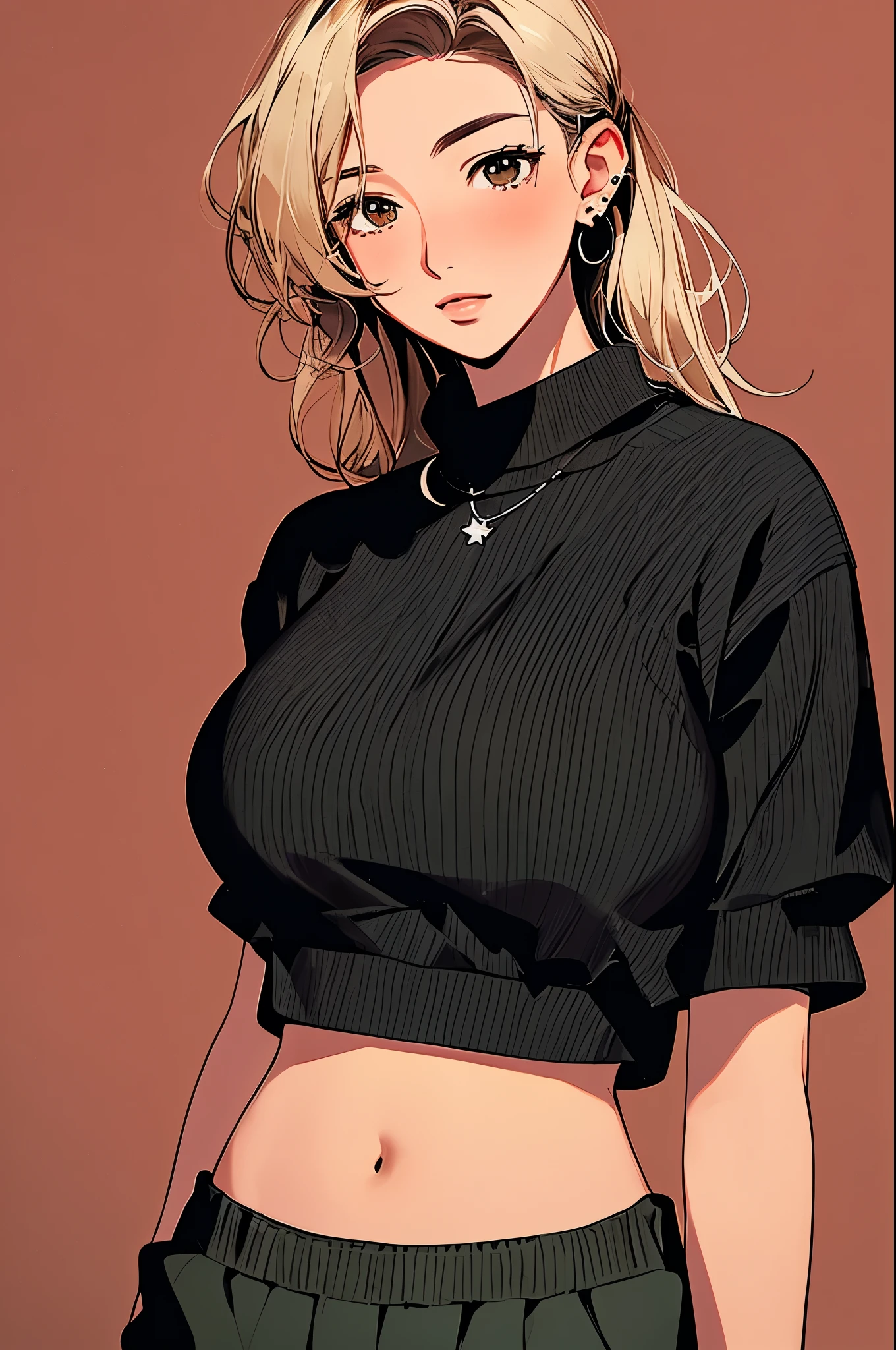 woman, cropped-fc,  huge breasts,, btpt-fc, cropped sweater, midriff, sweater, 1girl, detailed face, hanging laterns, illustrated