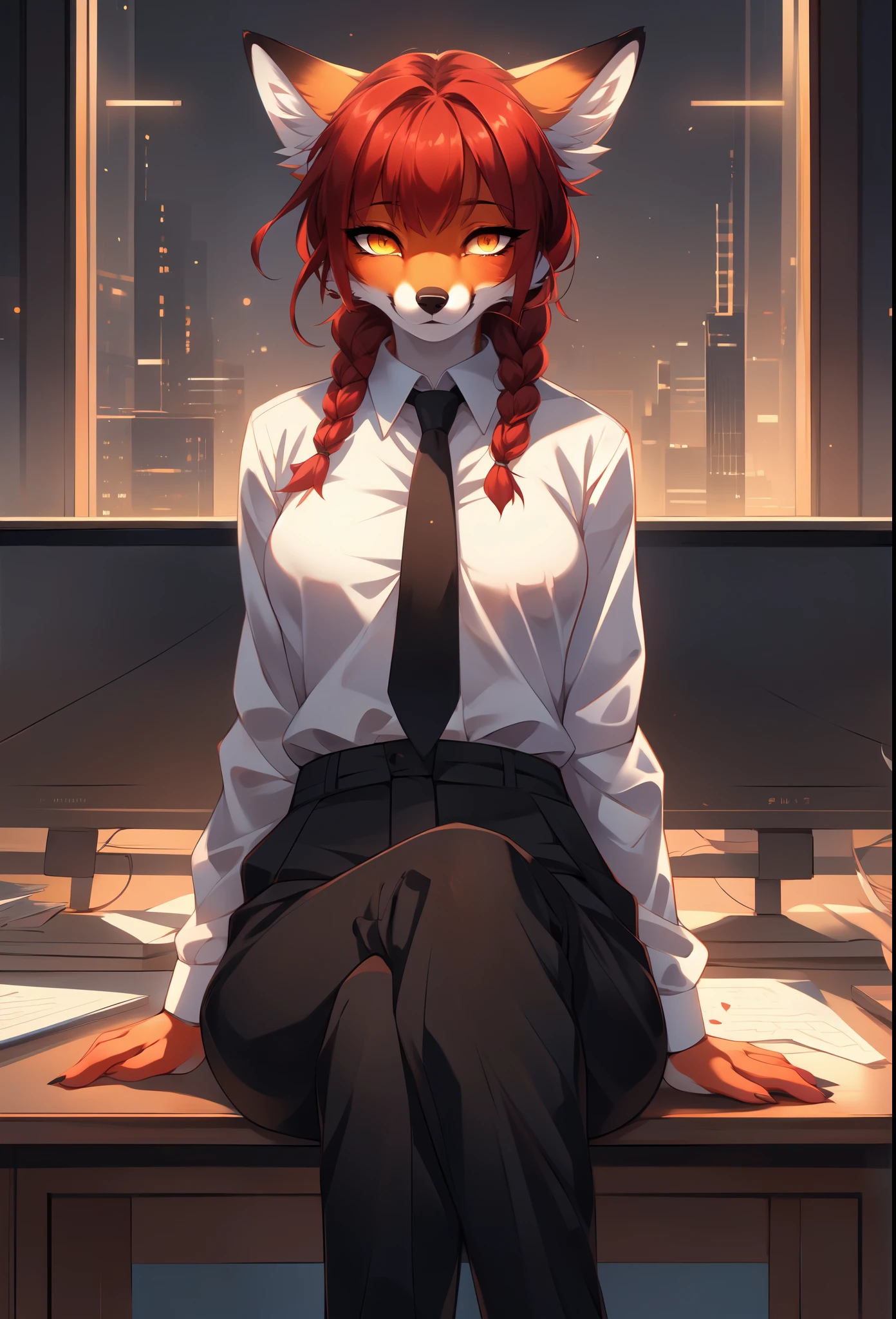 (masterpiece, best quality), 1girl, beautiful face,   makima, shirt, crimson red hair, braid, braided ponytail, glowing yellow eyes, ringed irises, straight bangs, collared shirt, white shirt, black pants, necktie, front view, red fox girl, anthro furry red fox, red fox ears, cute snout, black nose, sitting in an elegant office, legs crossed,  by fumiko, by hyattlen, by hioshiru, 