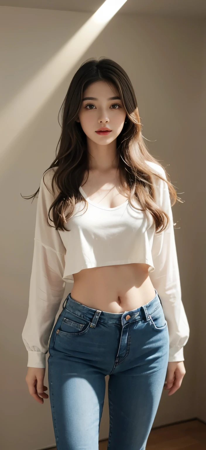 best quality,masterpiece,ultra high resolution,(Realism:1.4),RAW photos,1 girl,long white hair,face highlight,pure,girly,Flush,18 years old,18 years old微笑女同学,pure,Innocent,(best quality,8k,masterpiece:1.3),Oval face,big eyes,long eyelashes,Beautifully(Realistic style),starry eyes,ultimate face,Realistic light and shadow,clear facial features,milky white skin,White skin, High detail skin, Realistic skin details, Visible pores,(Super details),(Perfect body:1.1),long white hair,(dynamic poses),((dynamic background((Volumetric light:1.3)),,jeans,White shirt,Fairy spirit,plump breasts,Navel exposed