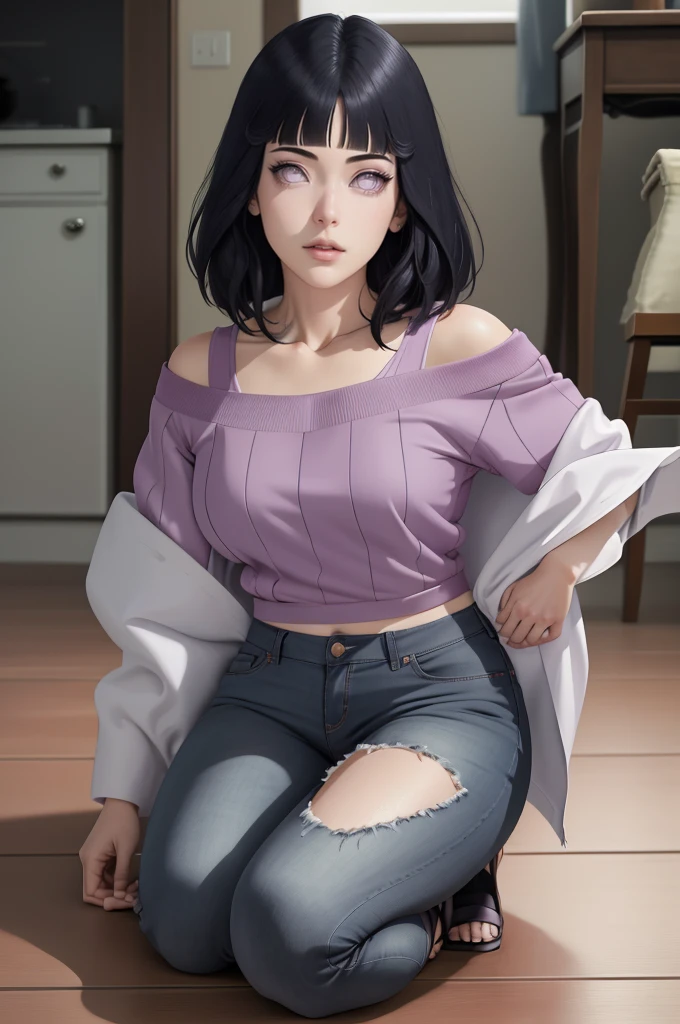 { - anatomy error} (Masterpiece - Ultra-detailed, very high resolution) , absurdos, Hinata\(Boruto\), 1girl, sozinho,Mature female, Capuz roxo,mangas em camadas, jeans, ao ar livre, Cloudy sky, perfect composition, circunstanciado lips, peito grande, beautiful face, body propotion, corar, (pink lips), cabelos pretos curto (black hair), lilac eyes, olhar suave, super realistic, circunstanciado, rosto e corpo realistas, Realistic hair, olhos realistas, nariz realista, realistic lips, anime. Walking on the floor with lilac shoes.