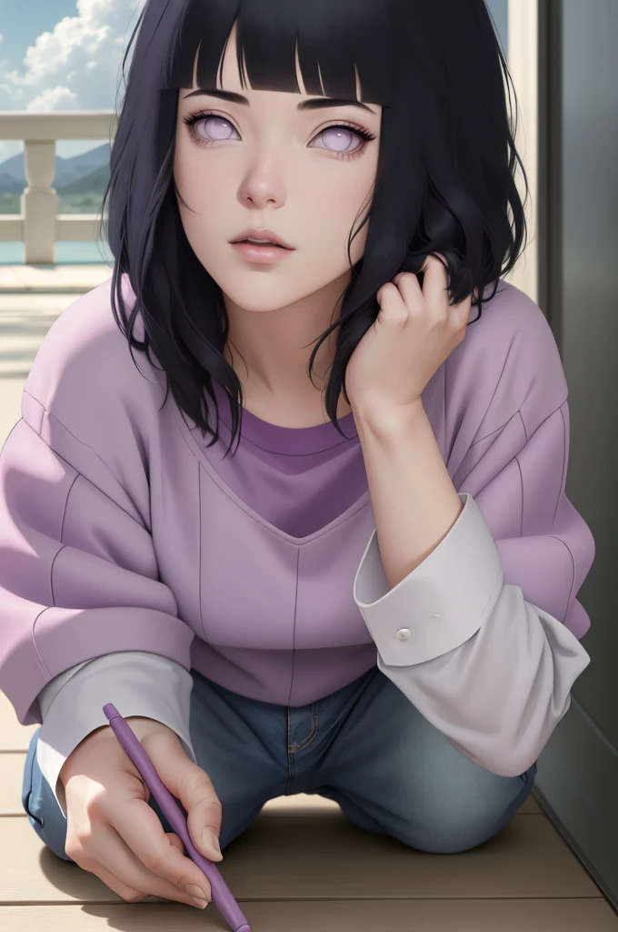 { - anatomy error} (Masterpiece - Ultra-detailed, very high resolution) , absurdos, Hinata\(Boruto\), 1girl, sozinho,Mature female, Capuz roxo,mangas em camadas, jeans, ao ar livre, Cloudy sky, perfect composition, circunstanciado lips, peito grande, beautiful face, body propotion, corar, (pink lips), cabelos pretos curto (black hair), lilac eyes, olhar suave, super realistic, circunstanciado, rosto e corpo realistas, Realistic hair, olhos realistas, nariz realista, realistic lips, anime. Walking on the floor with lilac shoes.