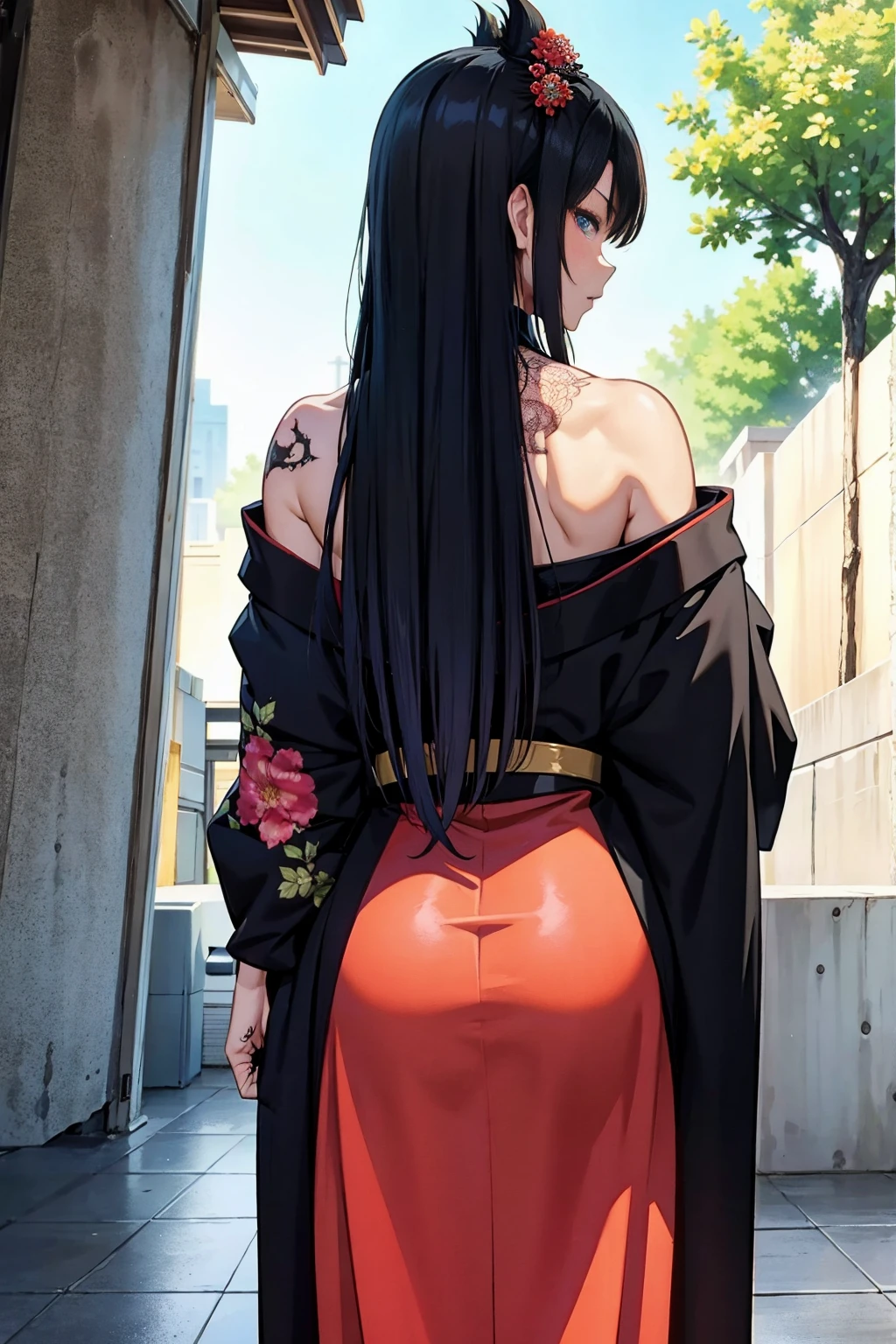 masterpiece, highest quality, highest quality, official art, beautiful and aesthetic:1.2),1 girl, tattoo, alone, kimono, red and black kimono, hair ornaments, unsheatheding, black hair, sheathed, back tattoo, dragon tattoo, blue eyes, off shoulder, bare shoulders, think back, from behind, flower, looking at the viewer, holding, compensate, outdoor,