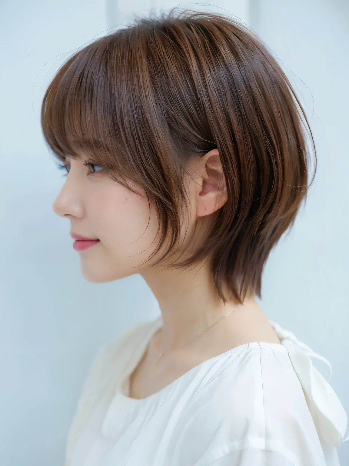 white wall、Taken in front of the white door、(窓のあるwhite wallの部屋)、(8K、Live shooting、highest quality、masterpiece:1.2)、High-definition RAW color photo、professional photos、(genuine、フォトgenuine:1.37)、Shot in natural light、1 girl、lazy smile、(various poses)、Blake is (Ombre:1.3) 、Spring clothes、 necklace、(Beautiful profile:1.3)、Don't look at the camera、profile、shortcut、((brown hair))、short hair、Eye color is dark brown、(Beautiful profile:1.3)、correct hand of human body、look down、Blouses in pastel colors