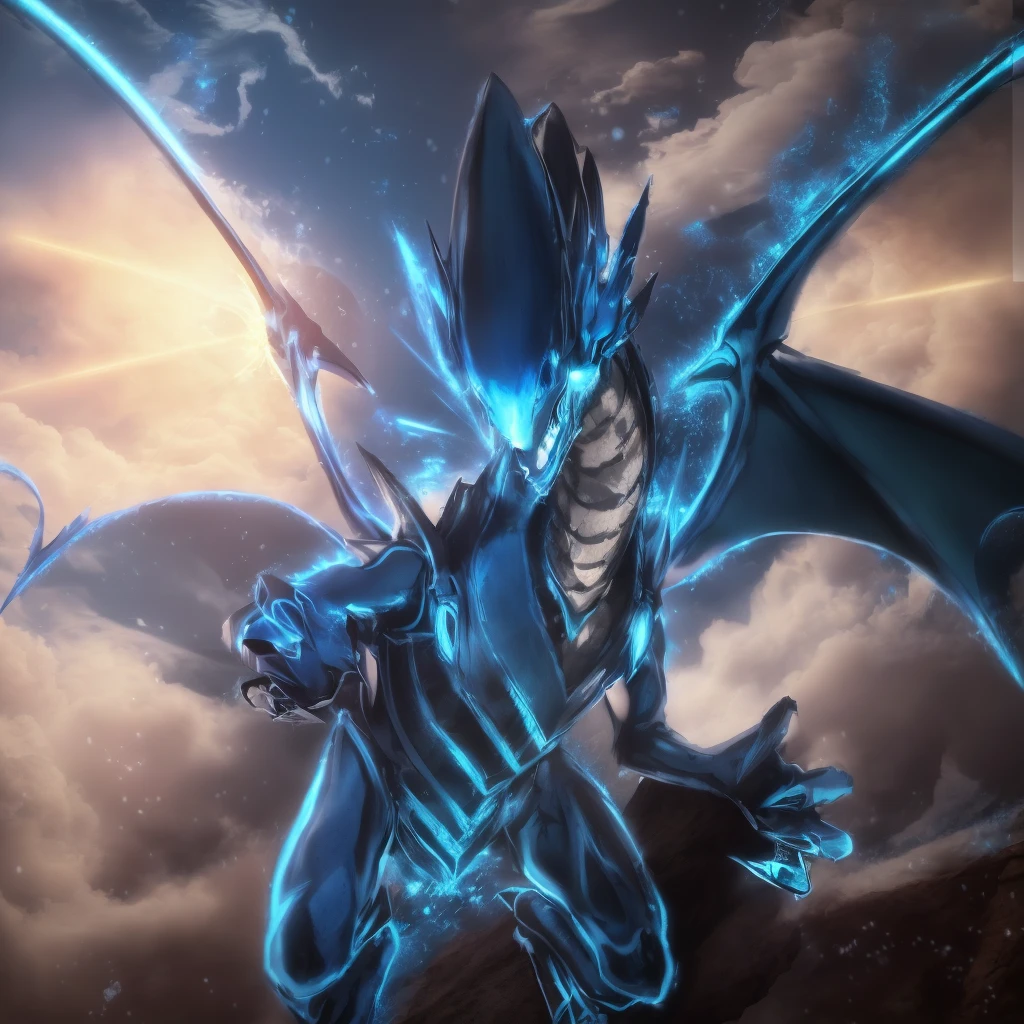 ((FOTOGRAFIA REALISTA)) (8k, Foto RAW, melhor qualidade, senhor:1.2), (Realistic, photo-Realistic:2), ULTRA DRAGON ANGRY ((ULTRA HIGH DEFINITION)), ((QUALIDADE 4K)), ((MUITO DETALHADO)), ((TEXTURA SONY a7s)) a close up of a dragon on a rock with a STONE in the background, ((blue white dragon)), SKY BLUE STARS LIGHT