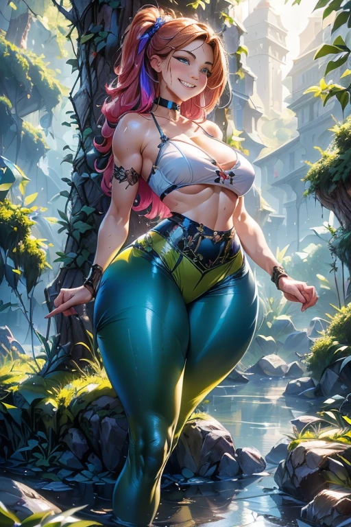 (face in frame:1.4), (editorial medium full body shot, cinematographic rendering), (8k, RAW photo, best quality, masterpiece:1.4), detailed background, sharp details, intricate details, highly detailed, UHD, HDR,photorealistic, europeen woman,medium hair, multicolored hair, (passionate grin:1.5), (long ginger wavy hair, hair clip:1.4,(voluptuous and shapely:1.4), (((GREEN lingerie, GREEN tights))), (choker and Gloves:1.3), (wide waist, wide hips, big thighs, thick legs:1.5), (Dramatic eyes and eyebrows,flirting,love look, Striking lips:1.2), (outdoors,jungle,fantaisy background)( cliff, rocks, trees,river, misty, landscape, subdued lighting to cast a soft glow, complex background:1.4), (detailed anatomy:1.5), (detailed hands:1.4), (detailed fingers:1.4), (detailed eyes:1.4), (detailed pores skin:1.4), (detailed limbs:1.4), (detailed face:1.4), (toned physique:1), (dynamic pose, random pose, modeling:1.2), twilight lighting, volumetric lighting, natural lighting, beautiful lighting, trending on ArtStation, trending on CGSociety, dramatic lighting, by artgerm, by Liang Xing, by WLOP, immersive atmosphere, (chiaroscuro:0.2),only underwear