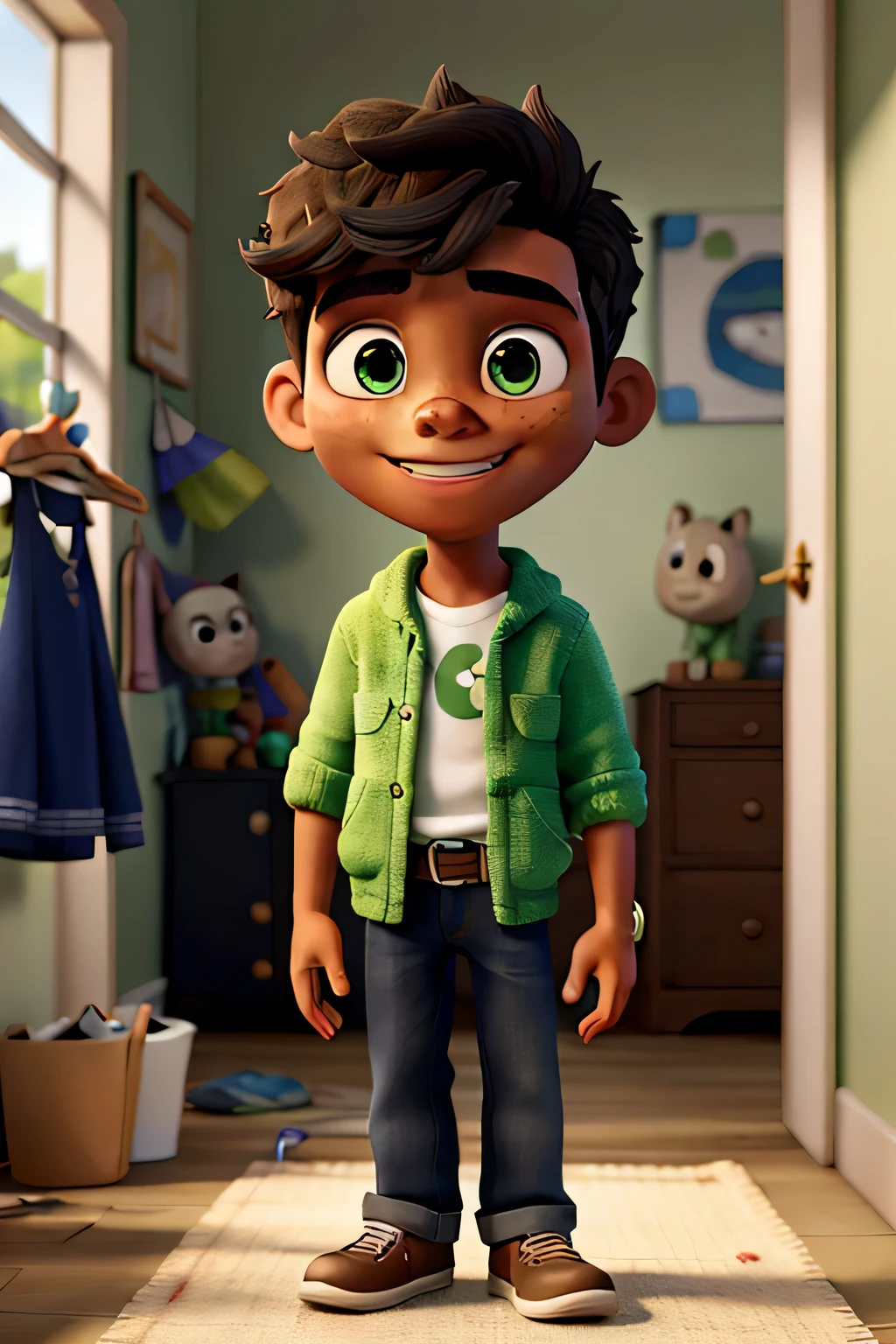 Tommy, um adolescente negro com rosto angelical e sorriso travesso, senta-se confortavelmente sob uma cadeira gamer verde. Seu cabelo, muito curto e preto, enquadra sua rodada, olhos expressivos. Ao lado dele, umas headset gamer da cor verde. As cores ao redor do quarto onde ele se encontra, tremulam suavemente na brisa suave, adding a touch of magic to the scene. Their bond deepens with every page turned, as they get lost in the world of imagination. Esta imagem hiper-realista, renderizado em 8K Ultra HD, possui detalhes no estilo Pixar e estilo Disney