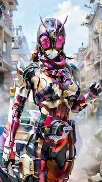 Masterpiece, Highest quality, ultra detailed, ultra realistic, illustration, black leotard, magenta scarf, Mask, helmet, Tokusatsu, belt, Crimson combat uniform, very large breast, Grasshopper mask, Solo, full bodyesbian, comming, woman mask rider, full body appearance
