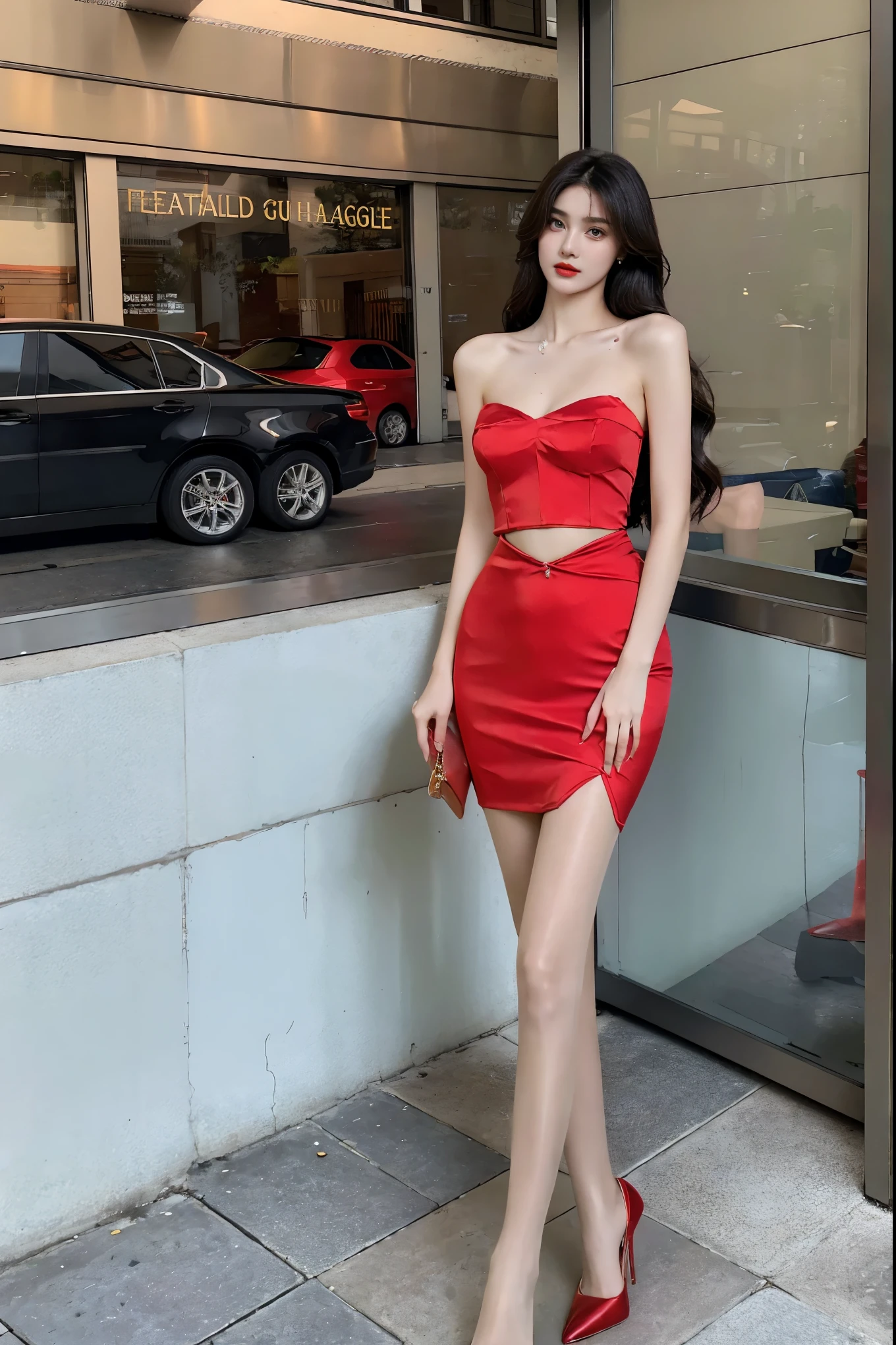 best quality, full body portrait, delicate face, pretty face, 16-year-old woman, slim figure, big bust, fashion clothing，Stiletto high heels，wavy long hair，on the street，big eyes，red lips，Heavy makeup，Ultra-thin flesh color
