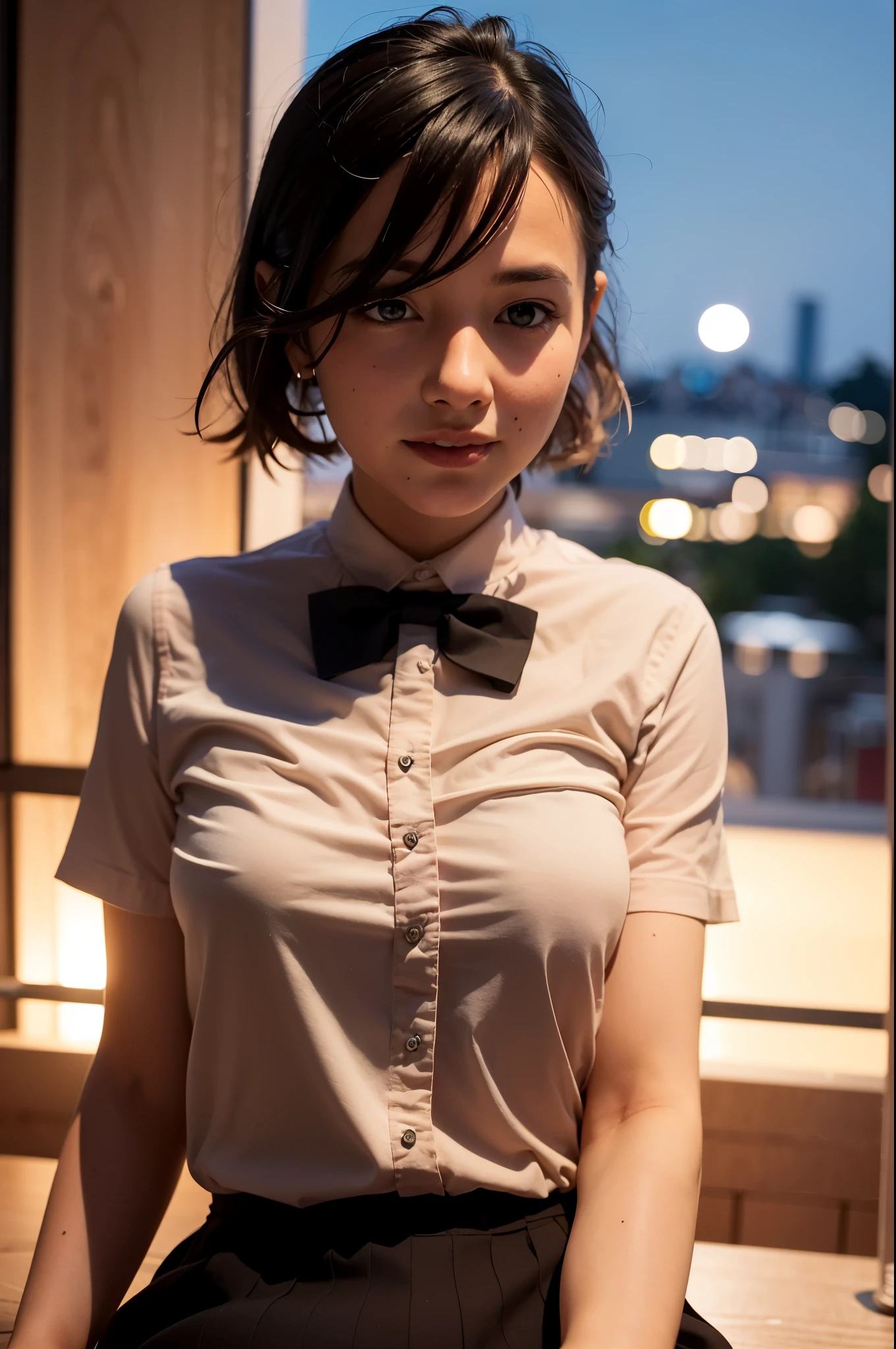 (8k, RAW photo, best quality, masterpiece:1.2), (realistic, photo-realistic:1.37), ultra-detailed, 1 girl,cute, solo,beautiful detailed sky,detailed cafe,night,sitting,dating,(nose blush),(smile:1.1),(closed mouth), medium breasts,beautiful detailed eyes,(collared shirt:1.1), bowtie,pleated skirt,(short hair:1.2),floating hair