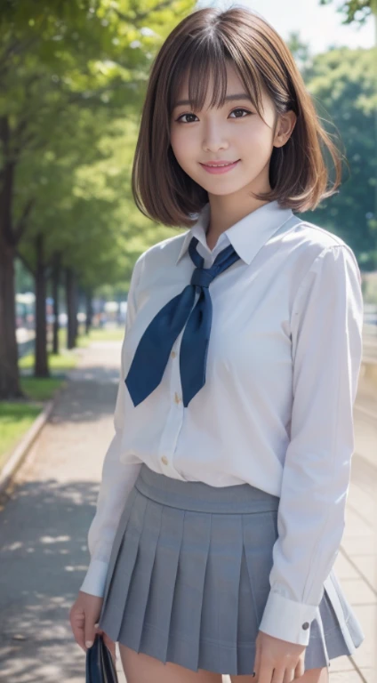 Japanese high school girl in uniform、Be embarrassed。Small breasts and beautiful legs。There is a gap between the legs。random posture、mix 4、(8K、Live shooting、highest quality、masterpiece:1.2)、(real、photorealistic:1.37)、beautiful、beautiful woman、professional lighting、photon mapping、radio city、Physically based rendering、Gradient brown hair、、Boyish short haircut、girl、highest qualityの画像、High resolution、1080p、(Crisp face)、(Detailed face description)、(Detailed hand description)、(masterpiece)、(exquisite CG)、extreme light and shadow、works of masters、Rich details、(detailed facial features)、(highest qualityの画像)、(masterpiece)、(detailed eyes)、whole body posture、The background is a park、Shooting with a wide-angle lens、smile。