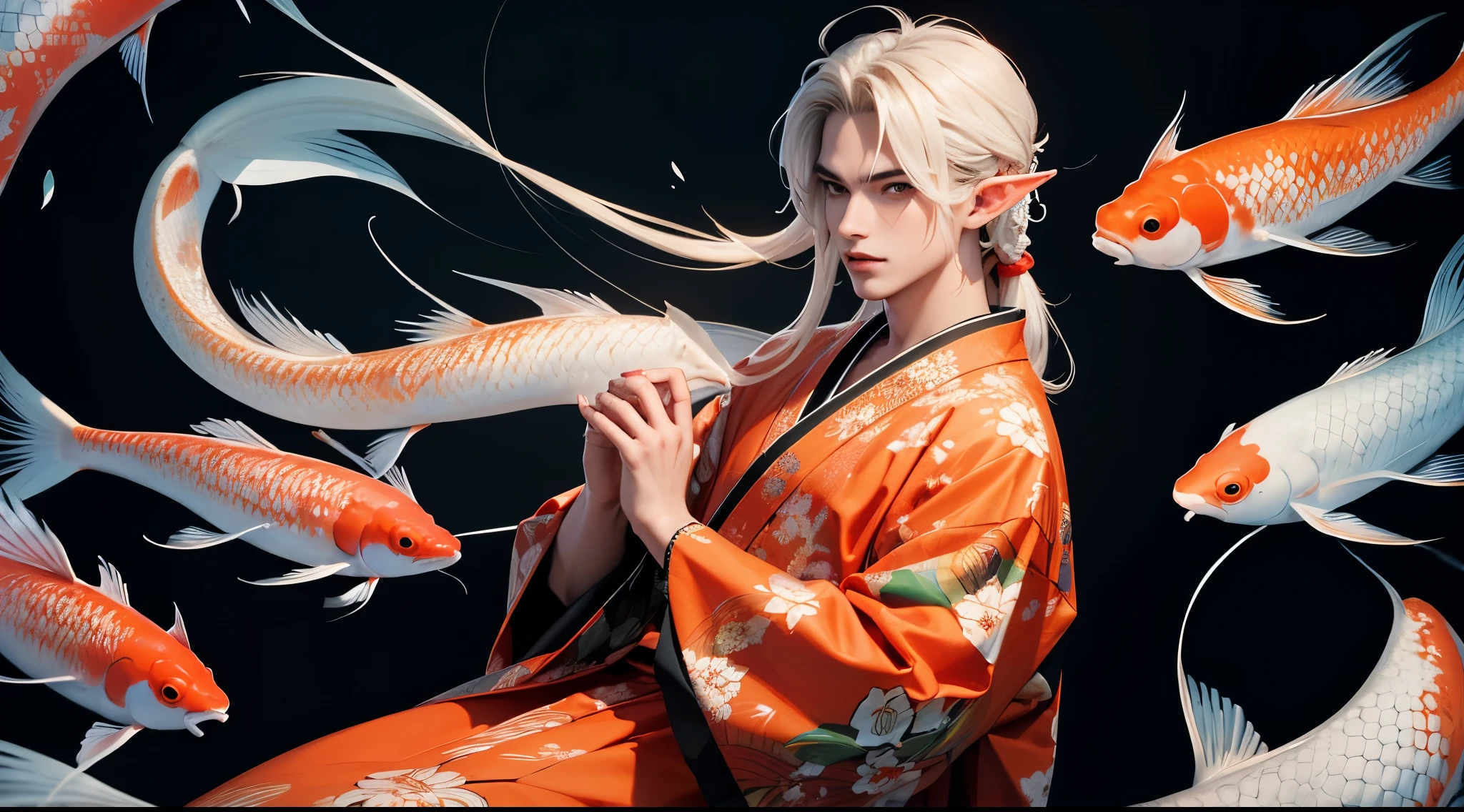 An original character based off of a koi fish. Male. Long hair. Japanese. Male Kimono. Floral Kimono design. Elf ears. Koi fish tail. Shatp teeth. Elegant. Long kimono sleeves.