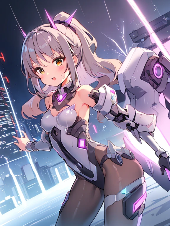 ((masterpiece:1.4、highest quality))+、(super detailed)+、
1 girl、cyberpunk city、flat chest、wavy hair、mecha clothes、(robot girl)、Cool move、Silver Bodysuit、colorful background、Wet day、(lightning effect)、Silver Dragon Armor、(cold face)、cowboy shot、pretty girl