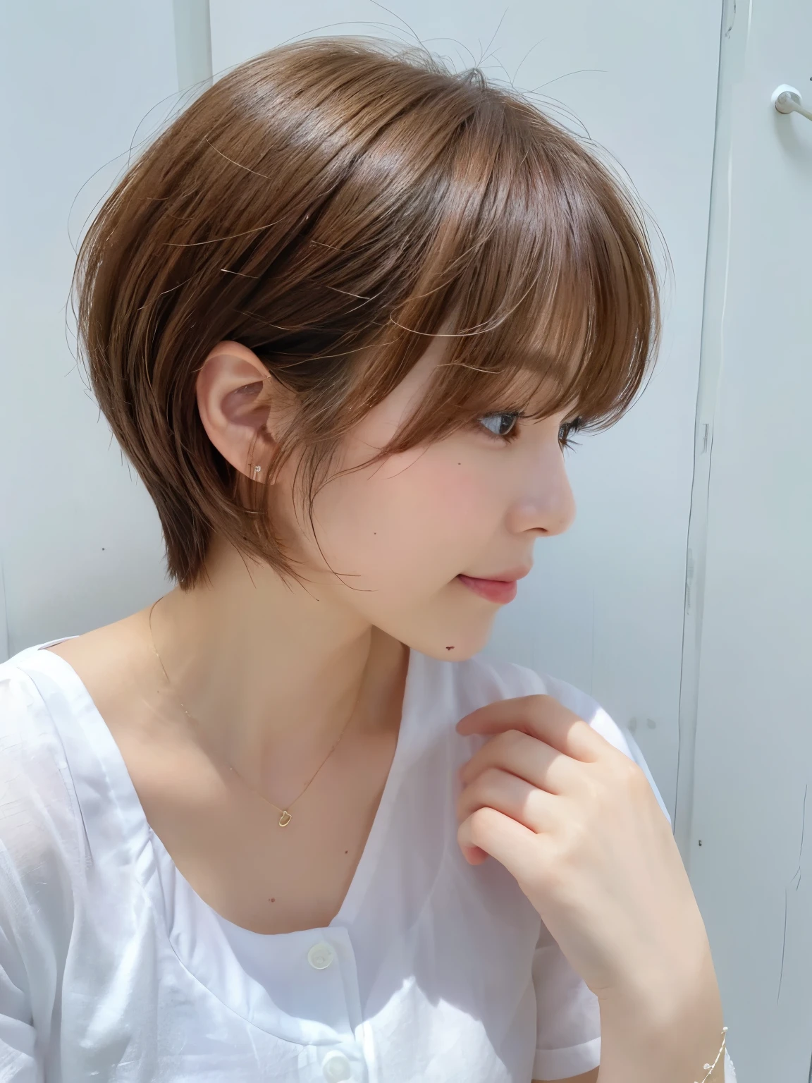 white wall、Taken in front of the white door、(窓のあるwhite wallの部屋)、(8K、Live shooting、highest quality、masterpiece:1.2)、High-definition RAW color photo、professional photos、(genuine、フォトgenuine:1.37)、Shot in natural light、1 girl、lazy smile、(various poses)、Blake is (Ombre:1.3) 、Spring clothes、 necklace、(Beautiful profile:1.3)、Don't look at the camera、profile、shortcut、((brown hair))、short hair、Eye color is dark brown、(Beautiful profile:1.3)、correct hand of human body、look down、Blouses in pastel colors