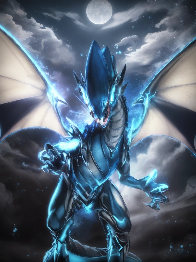 ((FOTOGRAFIA REALISTA)) (8k, Foto RAW, melhor qualidade, senhor:1.2), (Realistic, photo-Realistic:2), ULTRA DRAGON ANGRY ((ULTRA HIGH DEFINITION)), ((QUALIDADE 4K)), ((MUITO DETALHADO)), ((TEXTURA SONY a7s)) a close up of a dragon on a rock with a STONE in the background, ((blue white dragon)), SKY BLUE STARS LIGHT