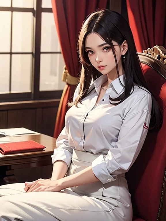 Beautiful red eyes woman, sitting gloriously, with formal white shirt, close up