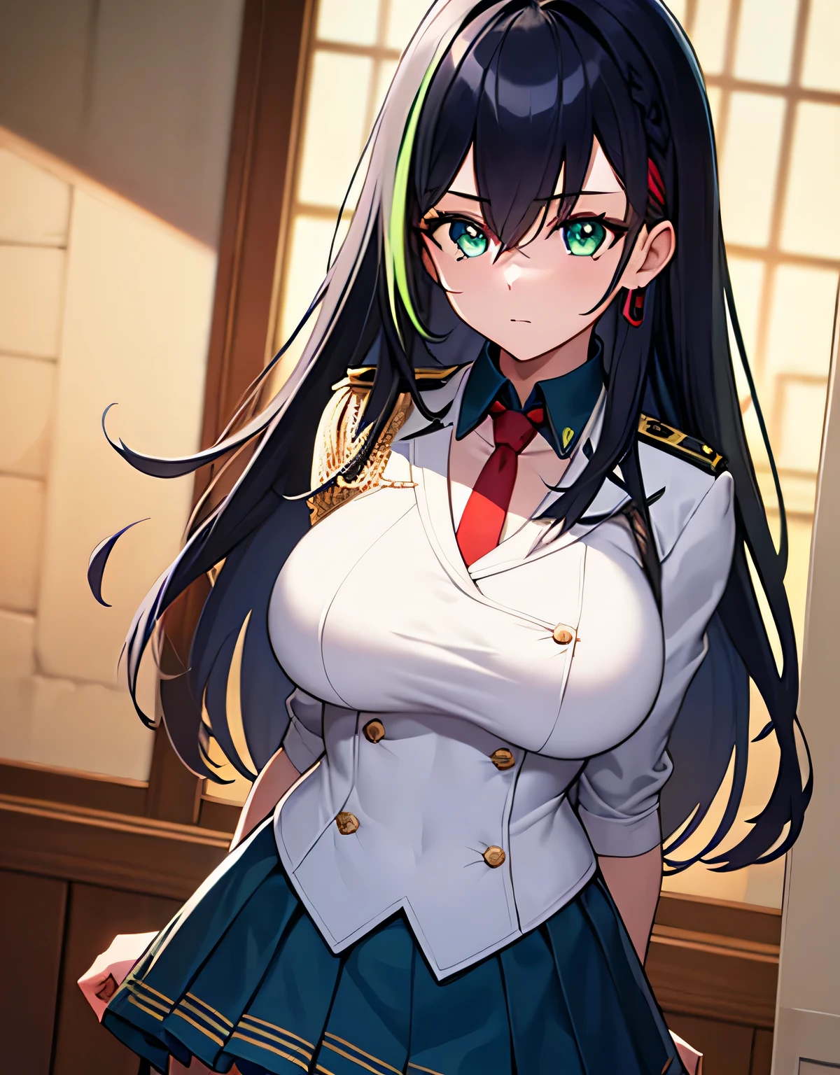 disorganized,official art,Super detailed,skirt, shirt, black hair, Thighhighs, hair between eyes, green eyes, colorful hair, pleated skirt, tie, collared shirt, uniform, white Thighhighs, striped hair, black shirt, capelet, red tie
indoor hall,(big breasts:1.5),looking at the viewer,Are standing,(((masterpiece))),((highest quality)),perfect anatomy,8K UHD,highly detailed face,luster and luster,((1 girl)),((alone)),(beautiful and fine eyes:1.5),perfect image,(Upper body:1.1),(look ahead:1.1),turn your arms behind your back,slim waist,(shiny hair),